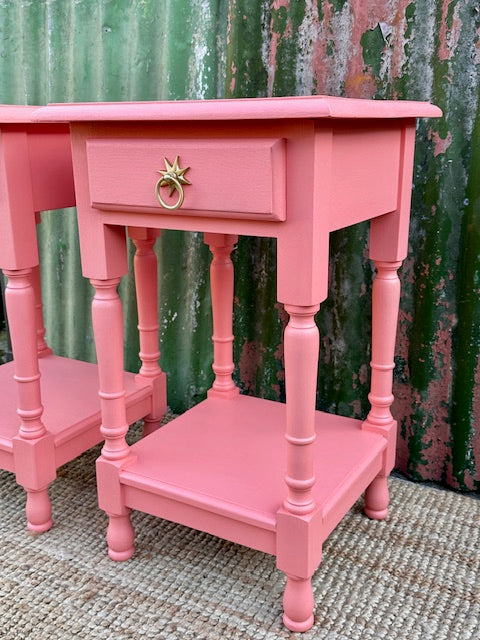 Pair Coral Pink Bedside Tables, Tall Vintage Nightstands, Sofa End Tables, With Drawers, Bright Colourful, Bedroom Furniture, Maximalist Decor