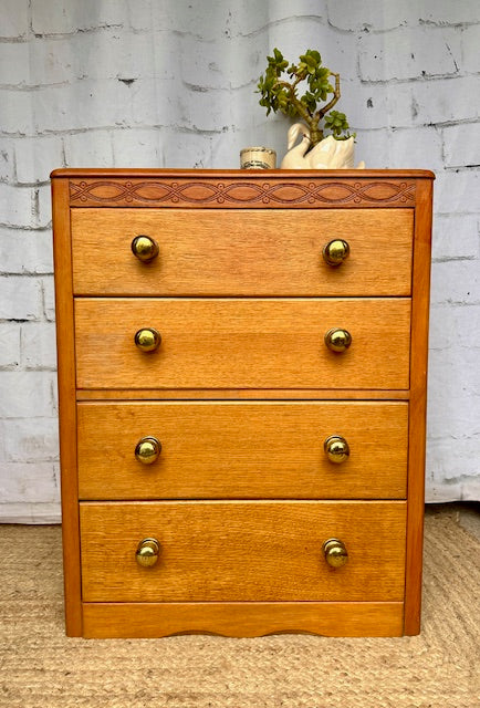 Harris Lebus Vintage Golden Oak Chest Of Drawers, Bedside Table, Hall Console, Mid Century Bedroom Furniture, English Country Decor, Cottagecore Decor