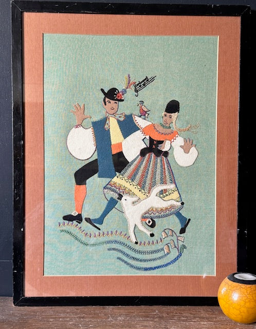 Framed Antique Hungarian Style Folk Art Style Tapestry, Embroidery Painting, Textile Art, Gallery Wall Decor,Rustic Home Decor, Cottagecore