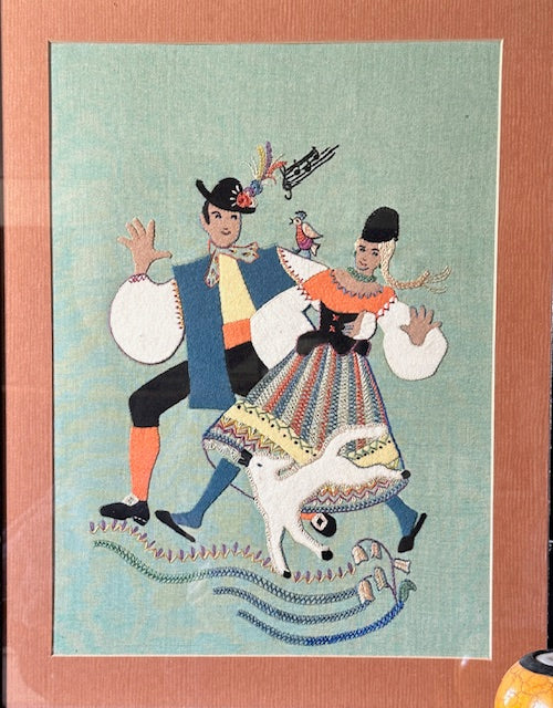 1930's Hungarian Folk Art Tapestry, Framed Embroidered Textile Artwork, Traditional Folk Dance Scene