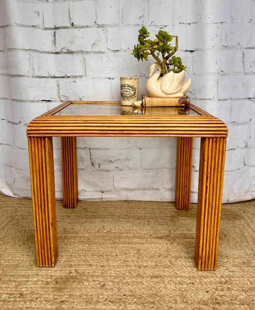 Vintage Faux Bamboo Coffee Table, With Glass Top, Rattan Furniture, Retro Glass Side Table, Bedside Table, Mid Century Style, Scandi, Rustic Decor, Living Room, Bedroom Furniture