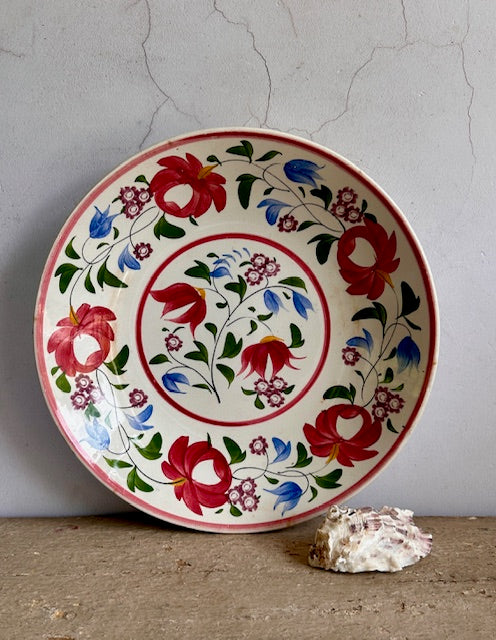 Vintage Large Floral Hand Painted Shallow Bowl, Folk Art, Hungarian Style Pottery, Rustic Ceramic Tableware, Hanging Wall Art, Wall Plate Art, Gallery Wal Decor