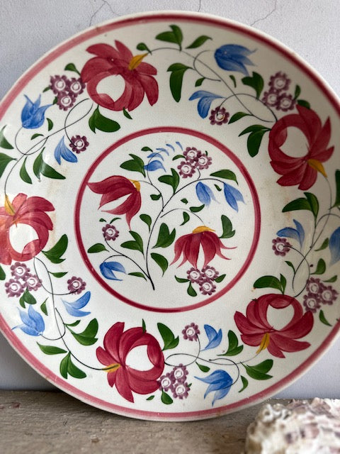 Vintage Large Floral Hand Painted Shallow Bowl, Folk Art, Hungarian Style Pottery, Rustic Ceramic Tableware, Hanging Wall Art, Wall Plate Art, Gallery Wal Decor
