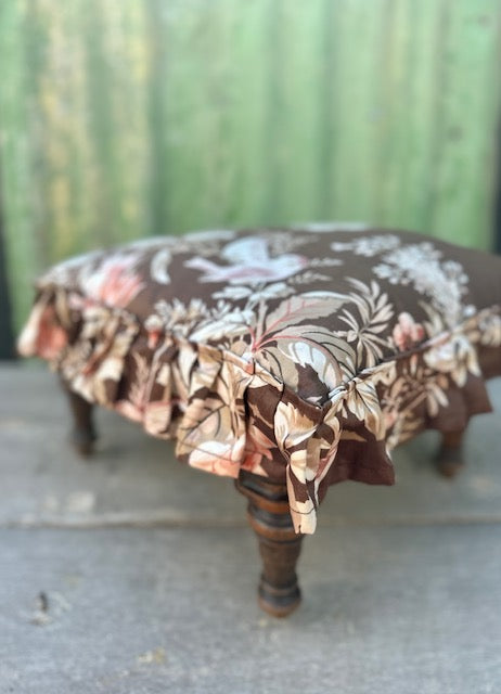 Vintage Small Wooden Foot Stool, Low Cushioned Stool, Botanical Pattern, Handmade Stool, Fringed, Maximalist, Cottagecore, Rustic Decor