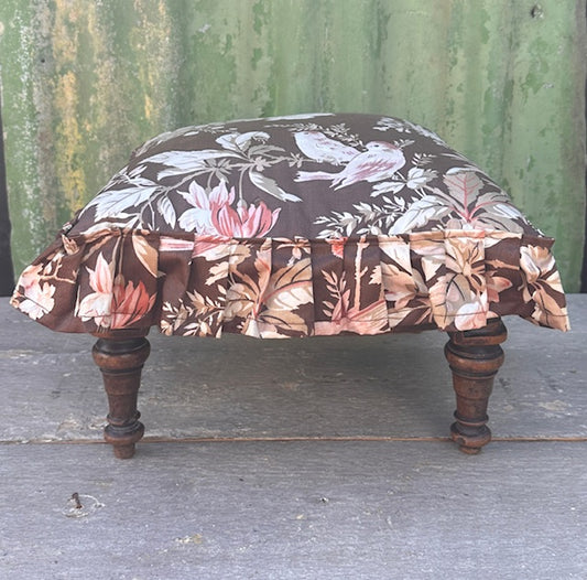 Vintage Small Wooden Foot Stool, Low Cushioned Stool, Botanical Pattern, Handmade Stool, Fringed, Maximalist, Cottagecore, Rustic Decor