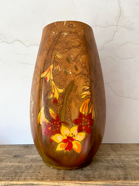 Vintage Large Ceramic Vase, Hand Painted Floral, Flower Vase, Autumn Home Decor, Folk Inspired Cottagecore, Natural Rustic Decor