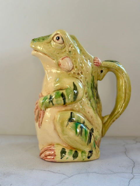 Vintage Mid Century Majolica Frog Pitcher, Ceramic Jug, Vintage Tableware, Quirky Home Decor, Rustic, Maximalist Decor