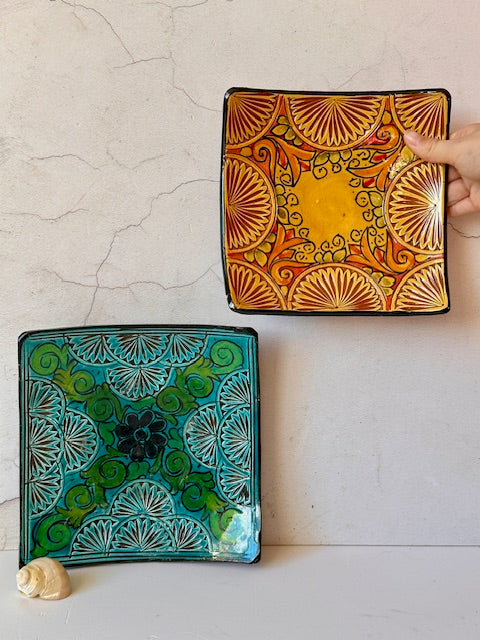 Pair Of Vintage Moroccan Handmade Ceramic Hanging Wall Plates, Safi -Style, Hand Painted, Bright Colour Wall Decor, Gallery Wall, Maximalist Decor