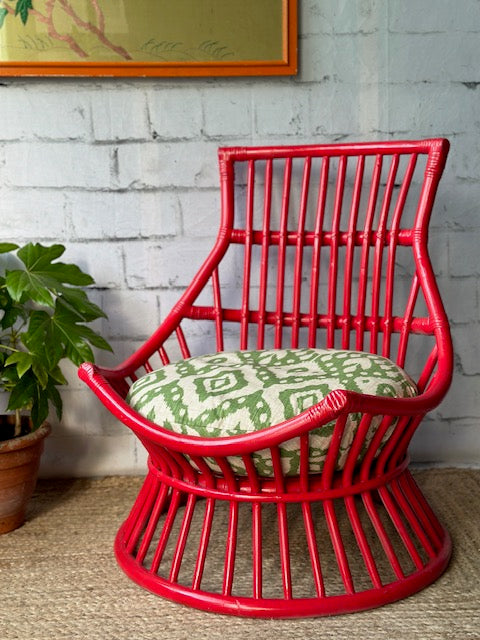 Vintage Bright Red Bamboo Chair, Reading Nook Chair, Occasional Chair, Rustic Boho Decor, Bright Colourful Painted Furniture, Maximalist, Japandi Decor