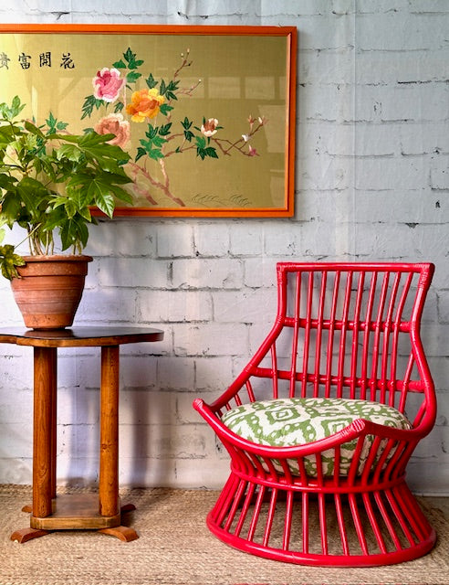 Vintage Bright Red Bamboo Chair, Reading Nook Chair, Occasional Chair, Rustic Boho Decor, Bright Colourful Painted Furniture, Maximalist, Japandi Decor