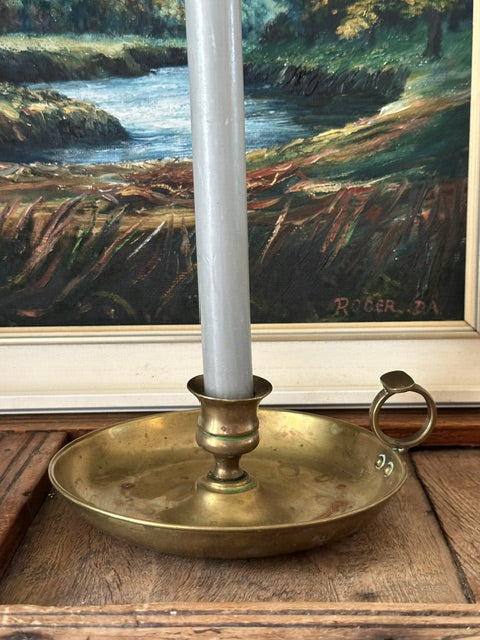 Vintage Brass Chamberstick, Indian Brass Candle Holder, Finger Loop Candlestick, Rustic Cottage Decor