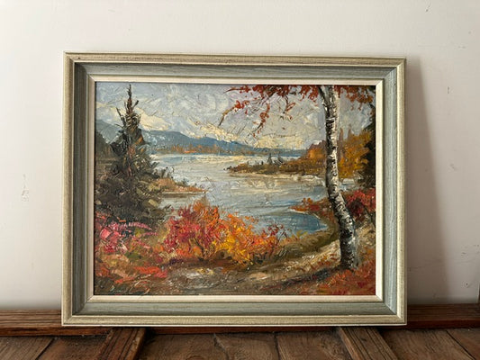 Vintage Framed Autumn Landscape Oil Painting, Woodland Lake Scene, Mid Century Country House Artwork