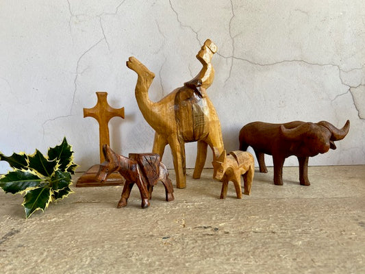 Vintage Wooden Nativity Scene, Set, Christmas, Carved Animals Ornaments, Figurine, Handmade, Camel, Donkey, Ox Wooden Cross, Statue, Decor