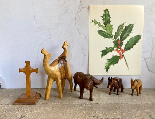 Vintage Wooden Nativity Scene, Set, Christmas, Carved Animals Ornaments, Figurine, Handmade, Camel, Donkey, Ox Wooden Cross, Statue, Decor