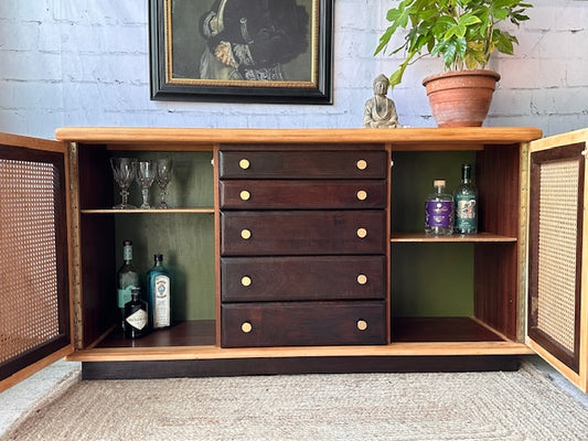 Vintage Wooden Large Rattan Side Board, Buffet, Kitchen Dresser, China Cabinet, Hall Console, Playroom Storage Cupboard, Boho Decor