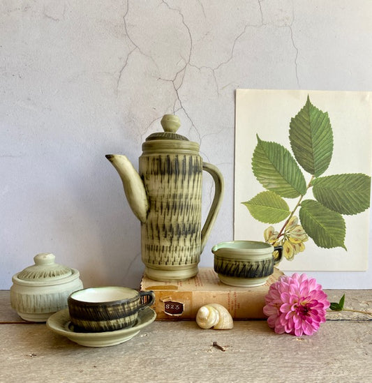 Vintage Green Coffee Set, Coffee, Tea Pot, Milk Jug, Sugar Bowl, 6 Cup And Saucer, Studio Pottery, Cottagecore, Rustic, Natural Decor