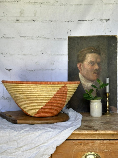 Vintage African Handwoven Basket, Large Decorative Bowl, Wall Hanging Basket, Natural Fibre Centrepiece, Boho Rustic Decor