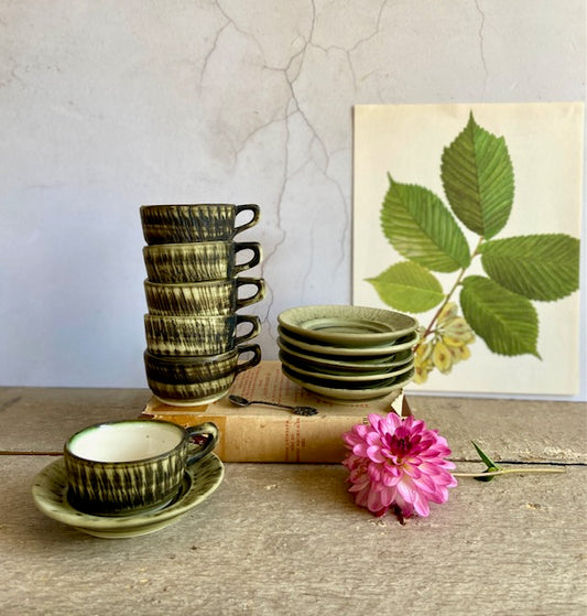 Vintage Green Coffee Set, Coffee, Tea Pot, Milk Jug, Sugar Bowl, 6 Cup And Saucer, Studio Pottery, Cottagecore, Rustic, Natural Decor