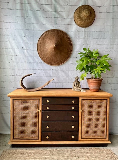 Vintage Wooden Large Rattan Side Board, Buffet, Kitchen Dresser, China Cabinet, Hall Console, Playroom Storage Cupboard, Boho Decor