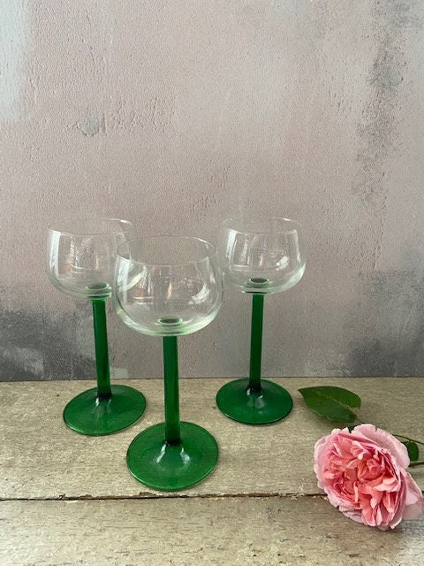 Vintage, Set Of, Wine Glasses, Green Stemmed, Bar Glasses, Mid Century, Coloured Glassware, Christmas Tableware, Party, Barware, Gift