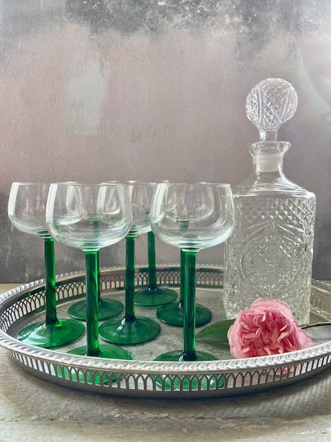 Vintage, Set Of, Wine Glasses, Green Stemmed, Bar Glasses, Mid Century, Coloured Glassware, Christmas Tableware, Party, Barware, Gift