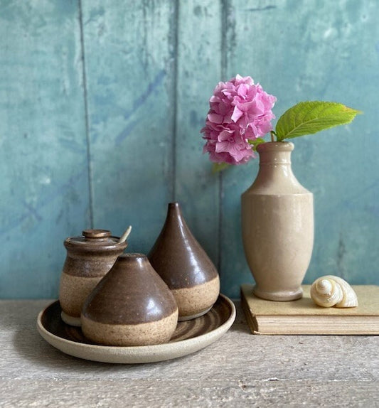 Vintage Condiment, Cruet, Set, Salt, Pepper Shaker, Mustard Pot, Handmade, Studio Pottery, Modern Ceramic, Cottagecore, Rustic, Scandi Decor
