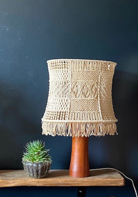 Vintage Teak Table Lamp, With Macrame Lamp Shade, Handmade Wooden, Tall Bedside Lamp, Mid Century Modern, Boho, Rustic, Cottagecore, Decor