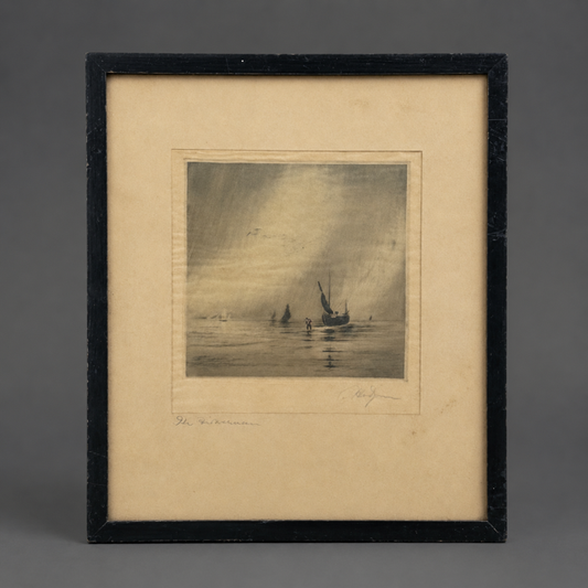 Antique Maritime Etching “The Fisherman”, Framed Nautical Wall Art