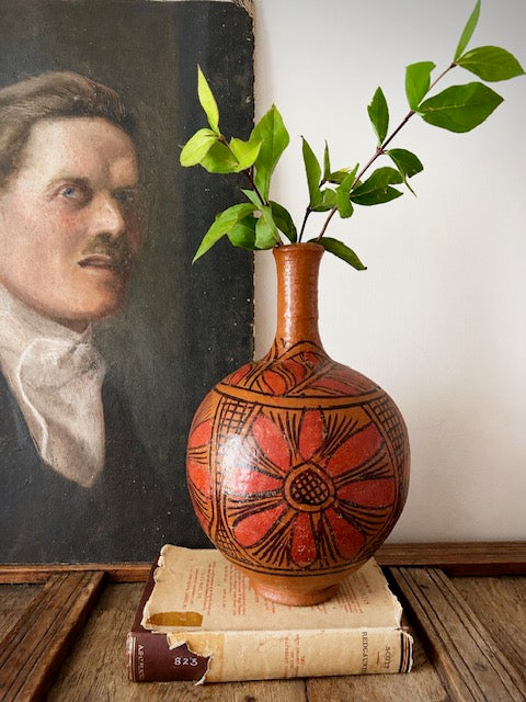 Vintage Hand Painted Pottery Vase, Folk Art Ceramic Bottle Vase, Studio Pottery, Mid Century Decor, Bohemian Rustic Home Decor