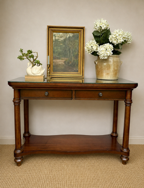 Dark Wood Console Table with Glass Top