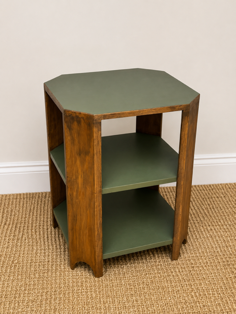Vintage Art Deco Bedside Tables Pair | Walnut Veneer Nightstands | Olive Green Side Tables | 1930s End Table