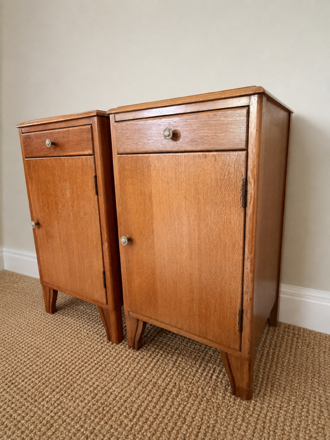 Pair Of Vintage Lebus Golden Oak Bedside Cabinets | Art Deco Bedside Cupboards | English Oak Bedside Storage
