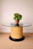 Mid Century Modern Style Pedestal Dining Table, 1970s Italian Glass Top Circular Table, Burr Wood Effect Hall Table, Statement Karl Springer Style Table