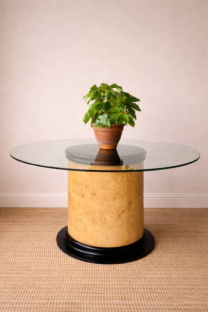 Mid Century Modern Style Pedestal Dining Table, 1970s Italian Glass Top Circular Table, Burr Wood Effect Hall Table, Statement Karl Springer Style Table