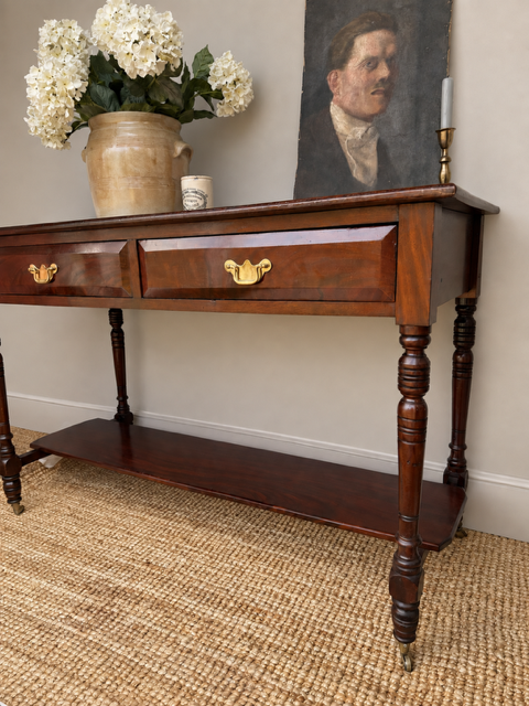 Vintage Mahogany Two Drawer Console Table With Lower Shelf