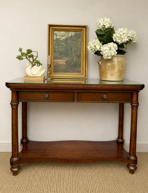 Dark Wood Console Table with Glass Top