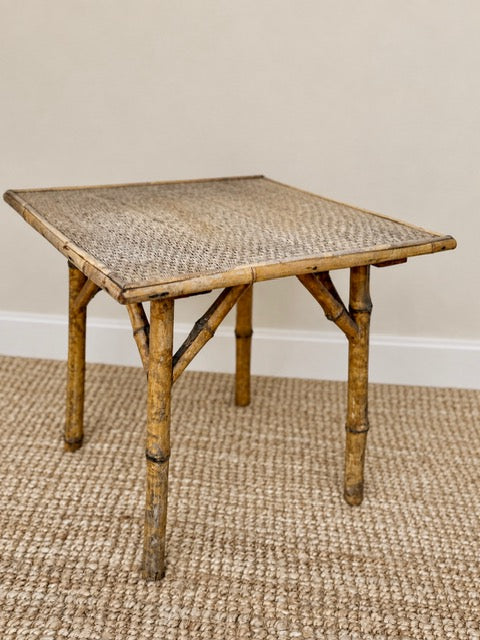 Vintage Tiger Bamboo Side Table With Woven Top
