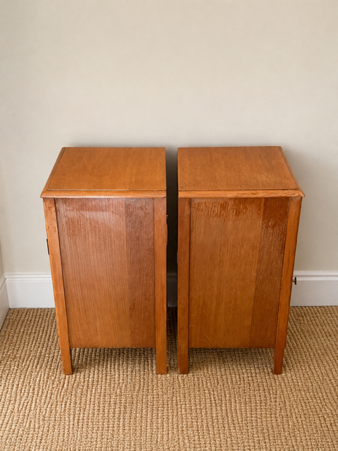 Pair Of Vintage Lebus Golden Oak Bedside Cabinets | Art Deco Bedside Cupboards | English Oak Bedside Storage