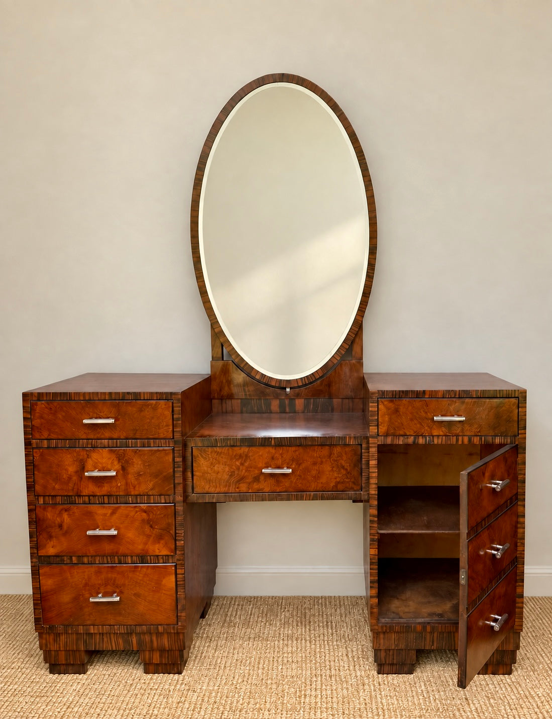 Art Deco Walnut Dressing Table with Oval Mirror