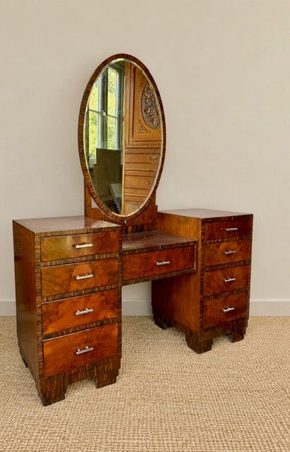 Art Deco Walnut Dressing Table with Oval Mirror