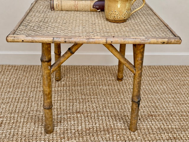 Vintage Tiger Bamboo Side Table With Woven Top