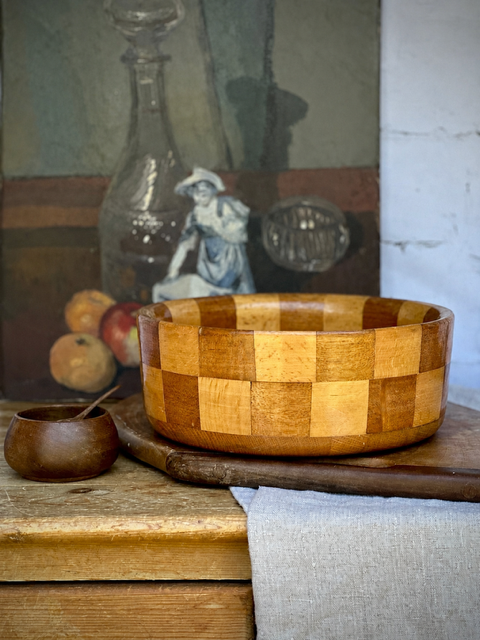 Vintage Mid Century Marquetry Bowl, Wooden Fruit Bowl, Handcrafted Inlaid Wood Bowl, Cambridge Ware, Decorative Centrepiece