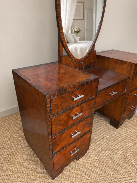 Art Deco Walnut Dressing Table with Oval Mirror