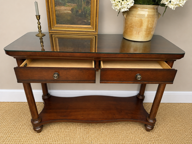 Dark Wood Console Table with Glass Top