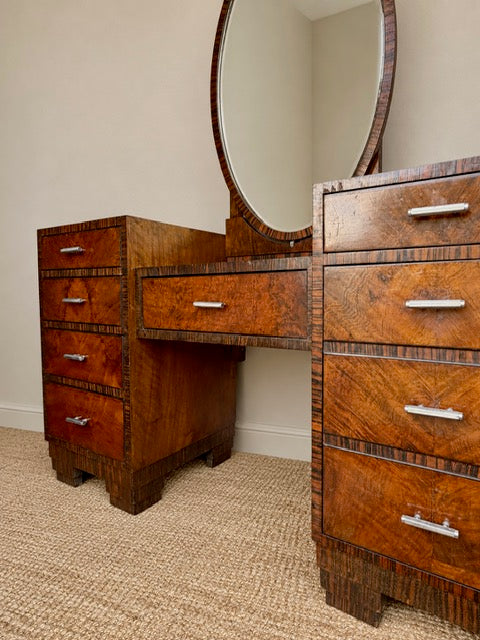 Art Deco Walnut Dressing Table with Oval Mirror