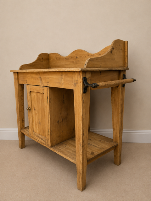 Antique Pine Washstand with Cupboard, Open Shelf & Towel Rail