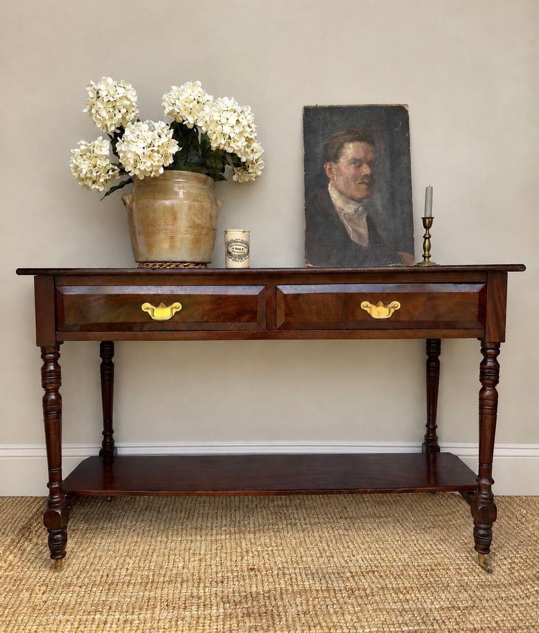 Vintage Mahogany Two Drawer Console Table With Lower Shelf