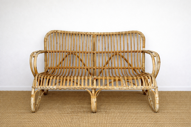 Mid Century Bamboo, Rattan, Two Seater Sofa, Boho Decor, Wicker Garden Furniture, Living Room, Reading Nook, Bedroom, Conservatory Furniture