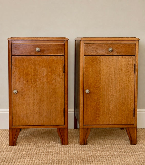 Pair Of Vintage Lebus Golden Oak Bedside Cabinets | Art Deco Bedside Cupboards | English Oak Bedside Storage