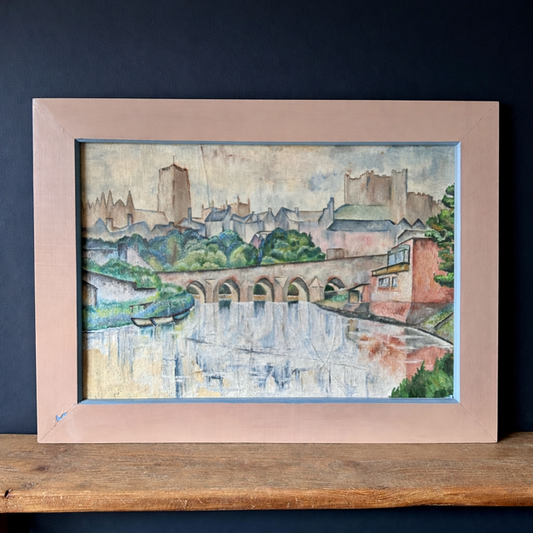 Vintage Peter Tovey Oil Painting, Durham City, Durham Cathedral & River Wear, Large Framed Original Artwork C1965, Impressionist Cubist Style